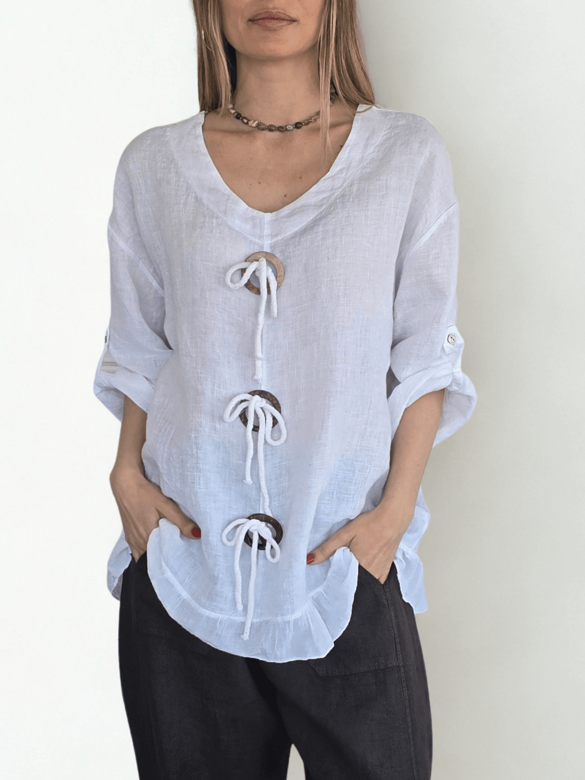 Blusa Italiana 100% Lino con tres Botones, color Blanco