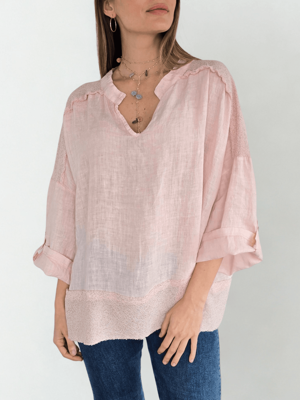 Blusa 100%Lino Italiano escote en V, color Rosado