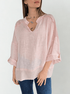 Blusa 100%Lino Italiano escote en V, color Rosado