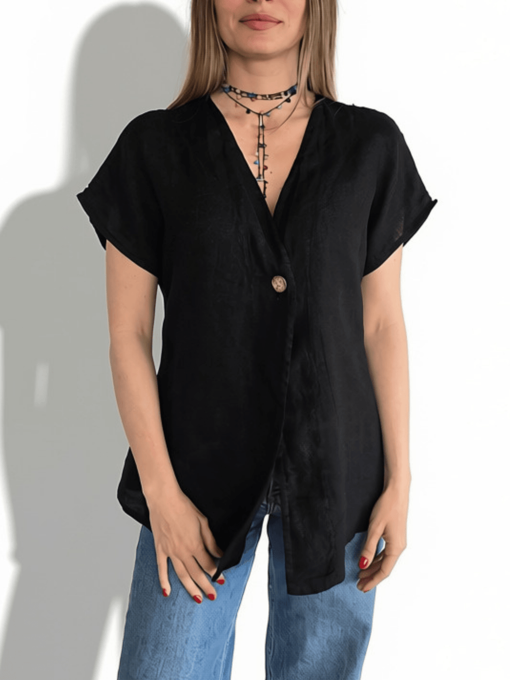 Blusa Italiana 100% Lino un botón, color Negro
