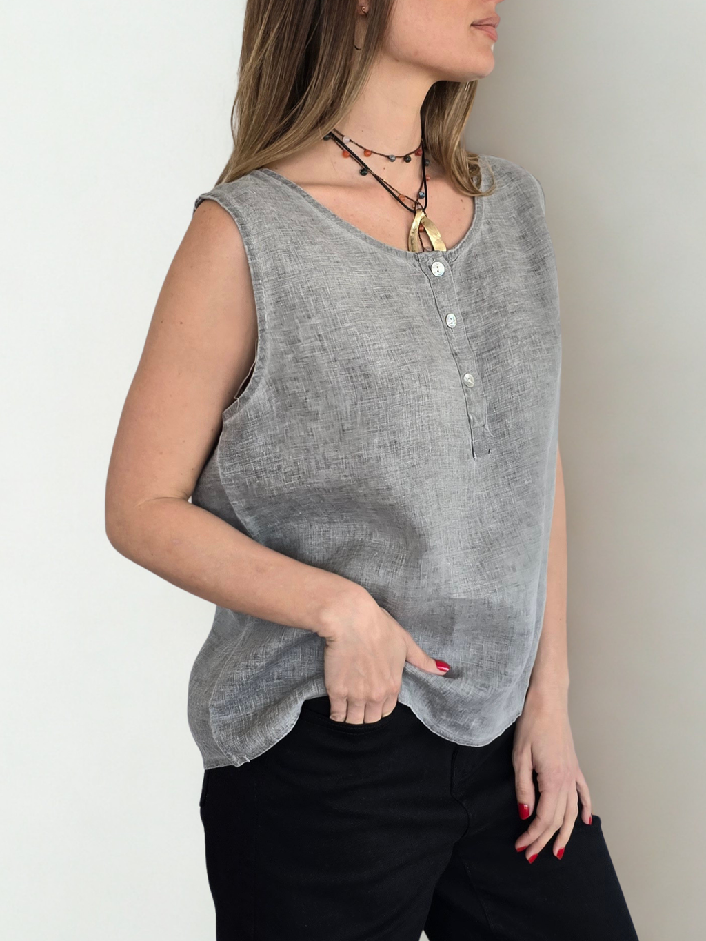 Blusa Italiana 100% Lino, sin mangas, color Gris