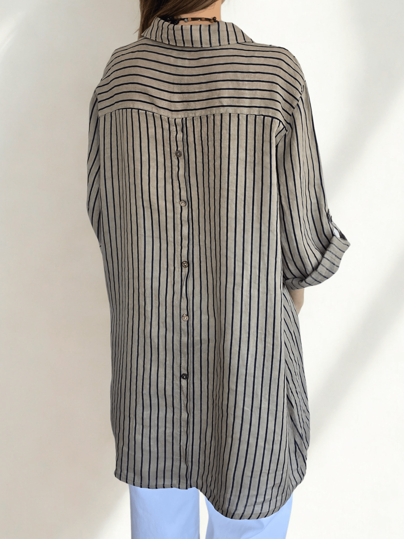 Blusa/Vestido Italiano 100% Lino Rayado, fondo Taupe