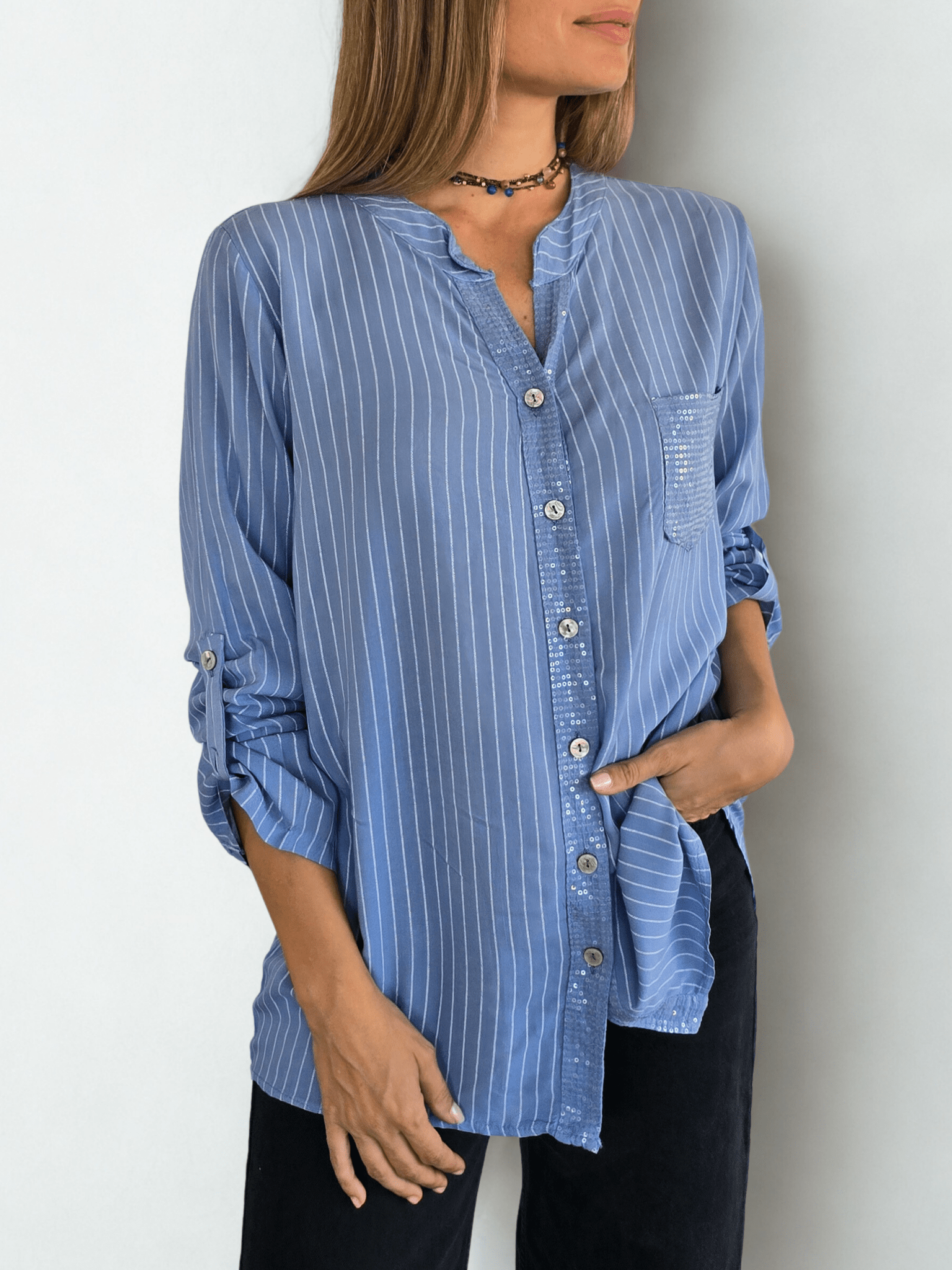 Blusa Italiana Rayada, fondo Celeste