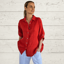 Cargar imagen en el visor de la galería, Blusa Italiana 100% Lino abotonada, color Rojo Tomate
