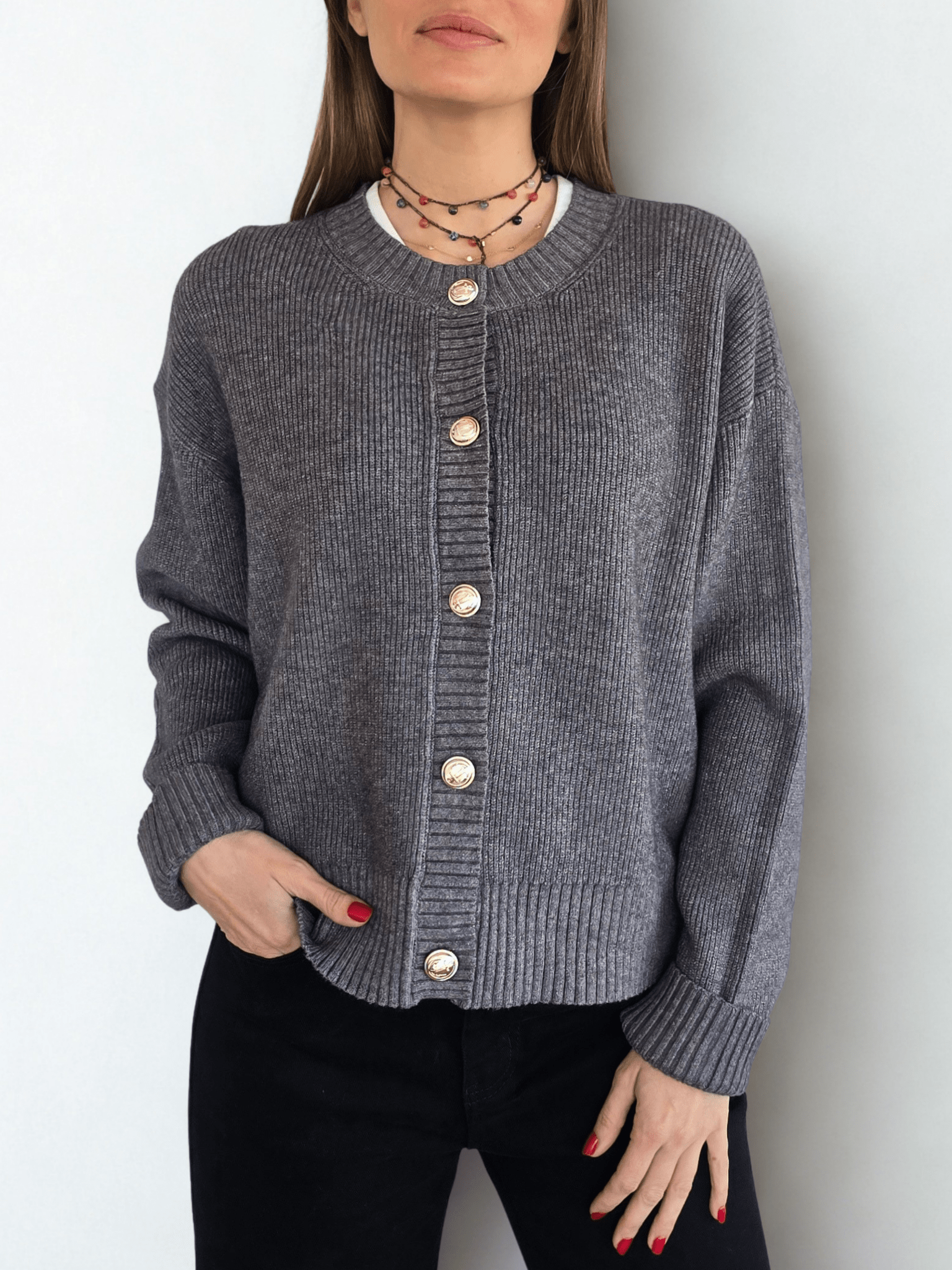 Chaleco Botones Dorados, color Gris