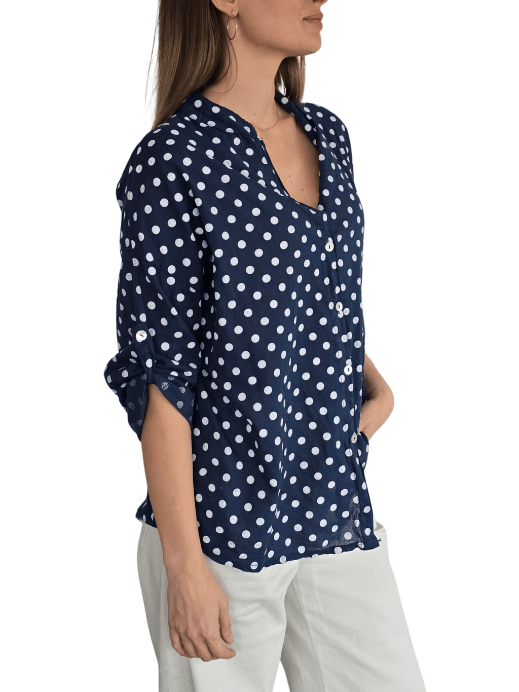 Blusa Italiana Lunares, fondo Azul con Blanco