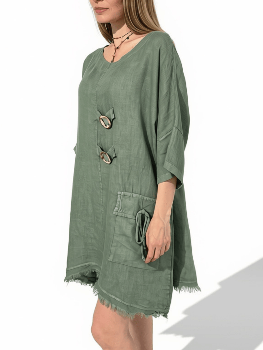 Vestido Italiano 100% Lino dos Botones, color Verde