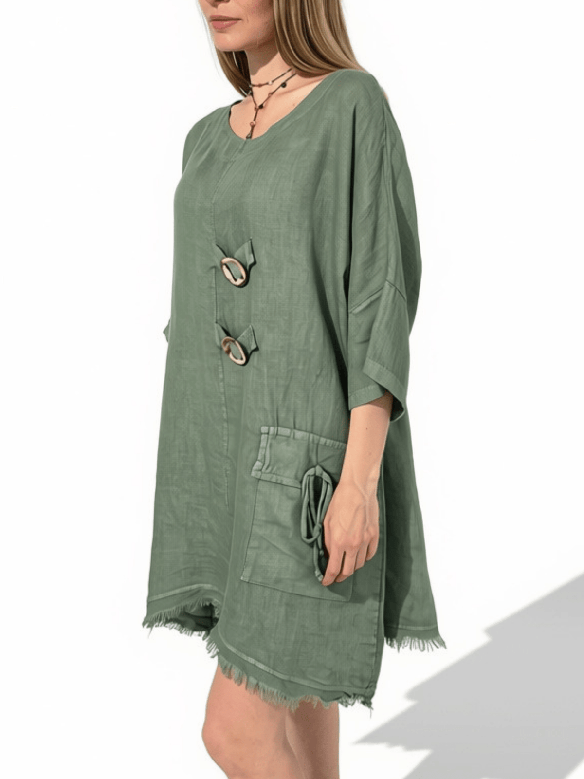 Vestido Italiano 100% Lino dos Botones, color Verde