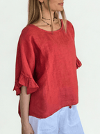 Blusa Italiana 100% Lino con Vuelos, color Tomate