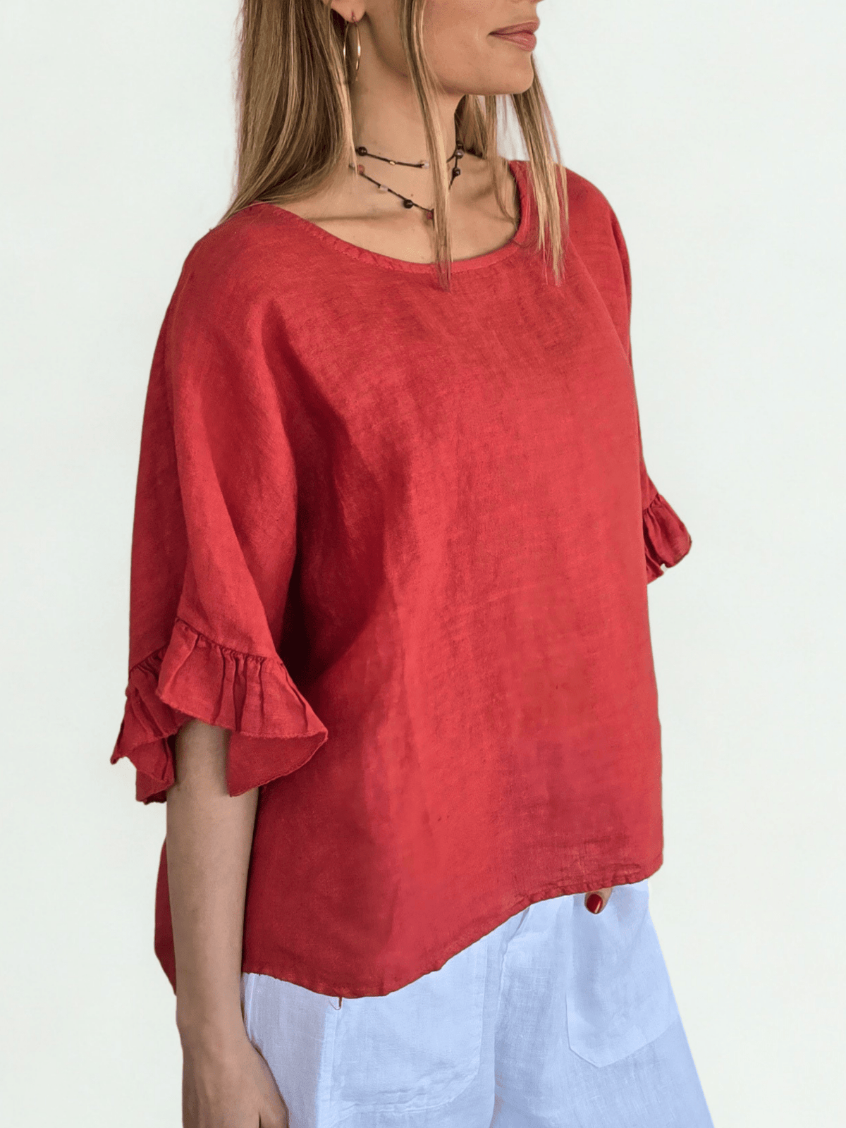 Blusa Italiana 100% Lino con Vuelos, color Tomate