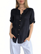 Blusa Italiana Lino Canesú Bordado, color Azul Marino Oscuro