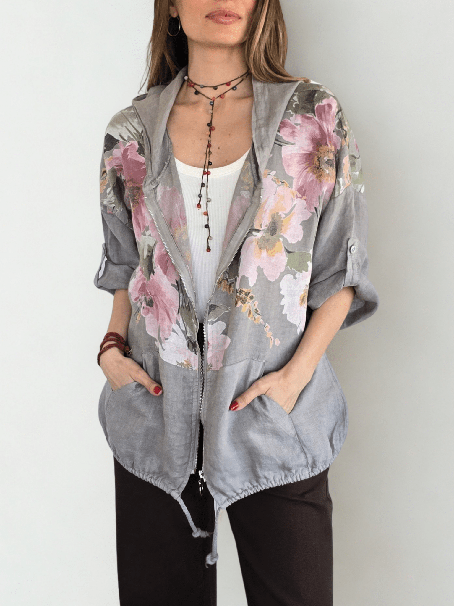 Chaqueta Italiana 100% Lino Estampado, fondo Taupe