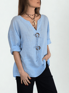 Blusa Italiana 100% Lino, dos Botones, color Celeste