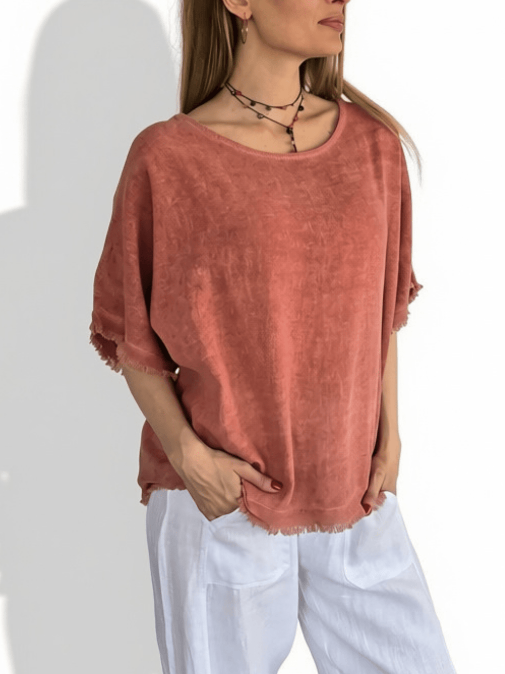 Blusa Italiana Desflecada, color Terracota