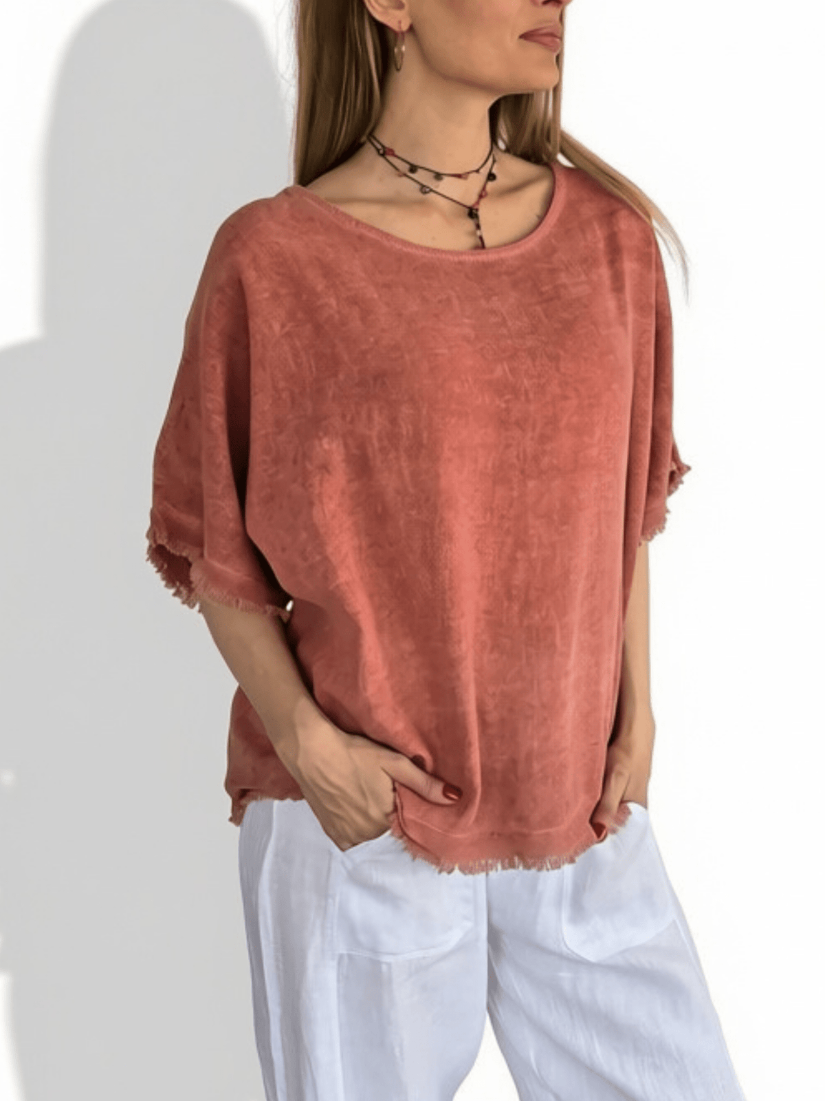 Blusa Italiana Desflecada, color Terracota