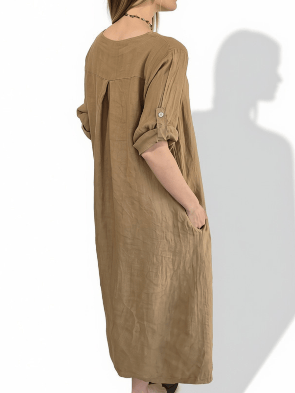 Vestido Italiano 100% Lino Botones, color Camel