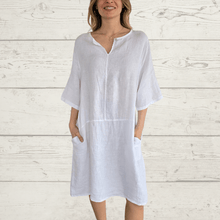 Cargar imagen en el visor de la galería, Vestido Lino Italiano un botón, color Blanco
