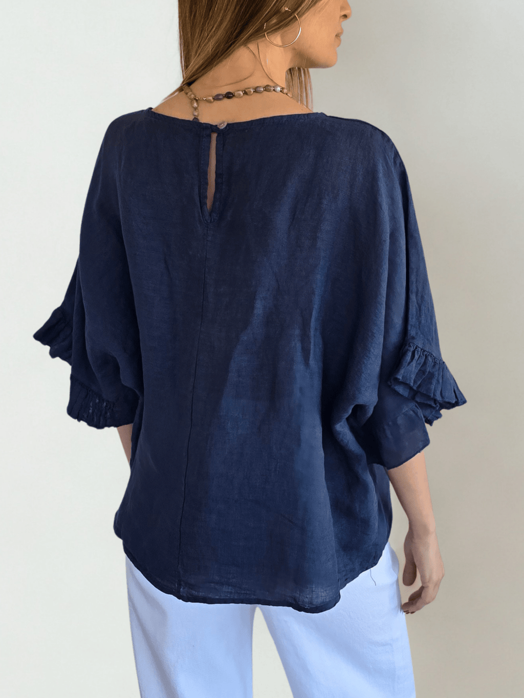 Blusa Italiana 100% Lino con Vuelos, color Azul