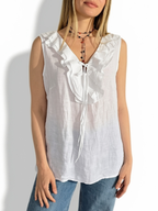 Blusa Italiana 100% Lino Vuelos, color Blanco