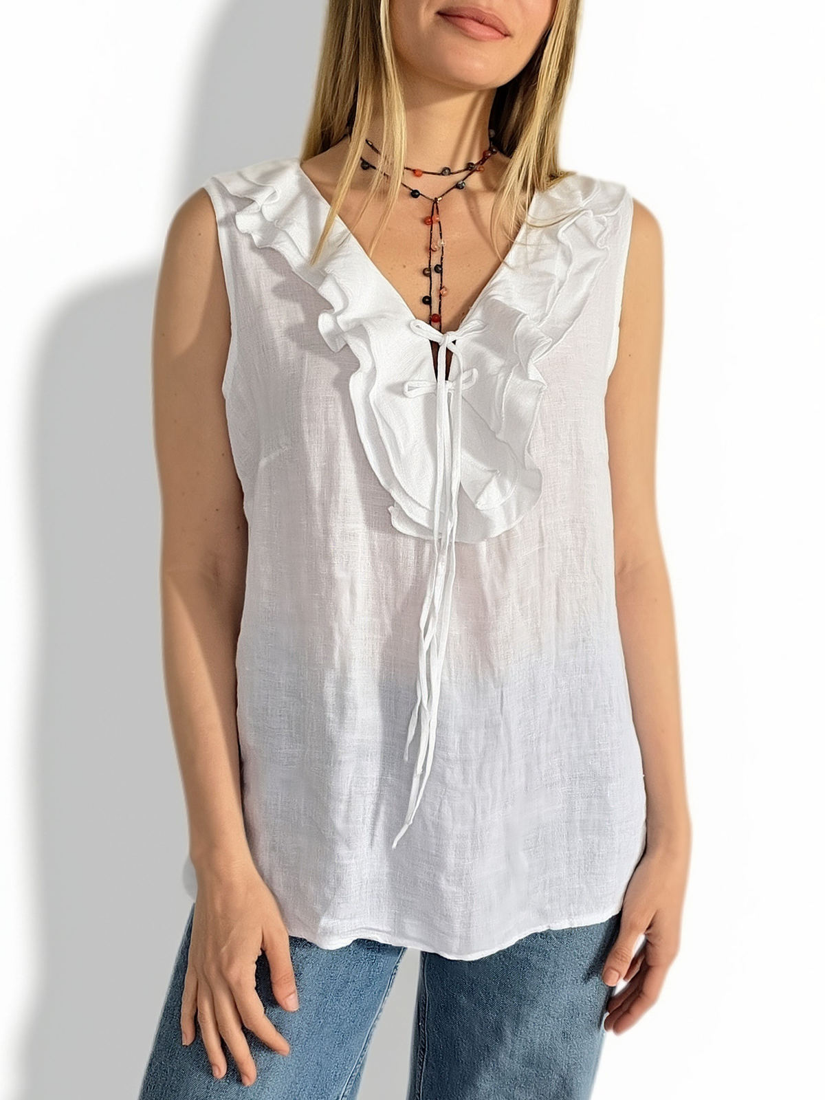 Blusa Italiana 100% Lino Vuelos, color Blanco