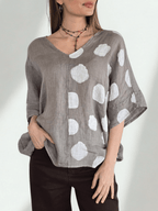 Blusa Italiana 100% Lino lunares, color Taupe
