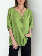 Blusa Italiana 100% Lino, dos botones, color Pistacho