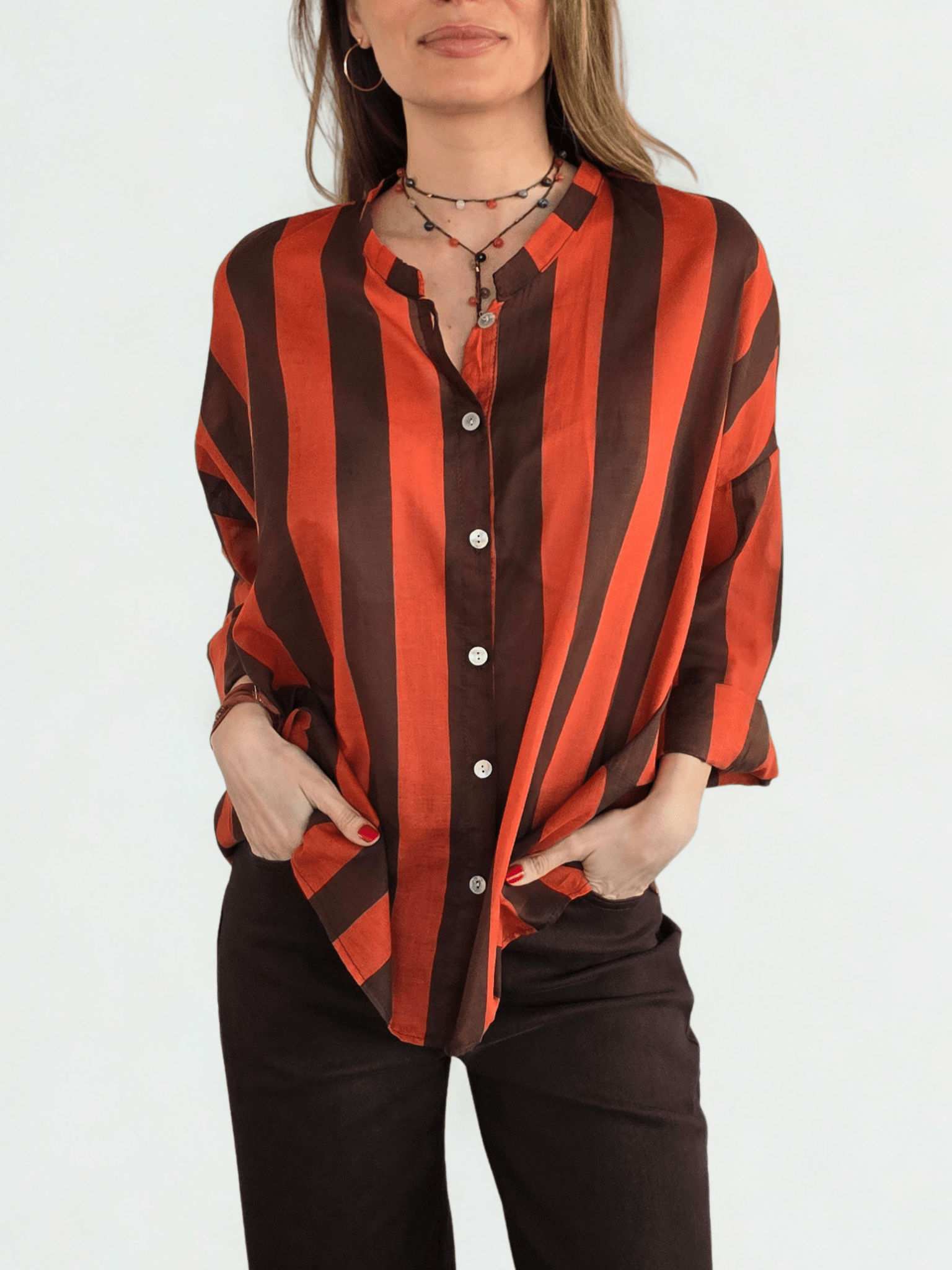 Blusa Italiana Rayada, color Chocolate con Terracota