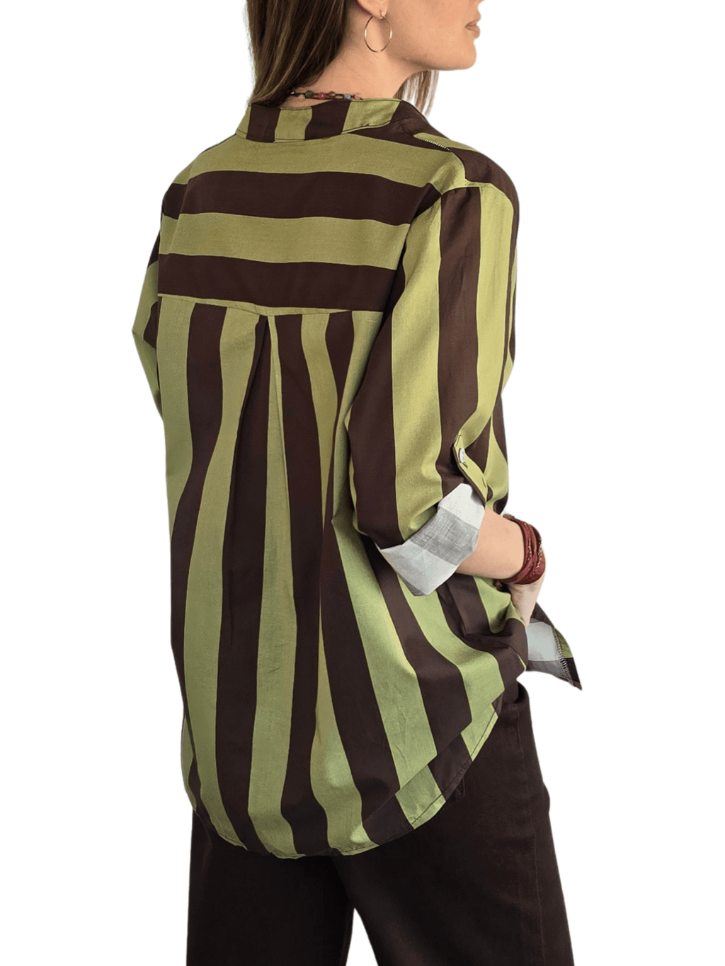 Blusa Italiana Rayada un bolsillo, color Chocolate con Pistacho