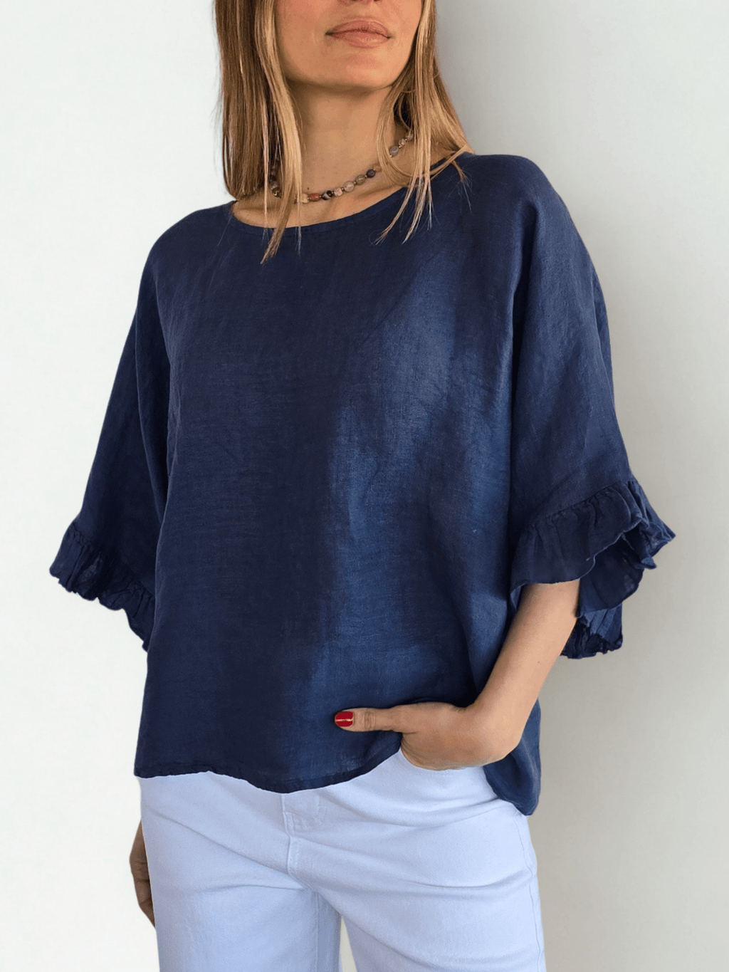 Blusa Italiana 100% Lino con Vuelos, color Azul