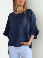 Blusa Italiana 100% Lino con Vuelos, color Azul