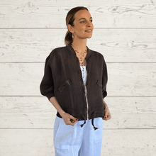 Cargar imagen en el visor de la galería, Chaqueta Bomber 100% Lino Italiano, color Chocolate
