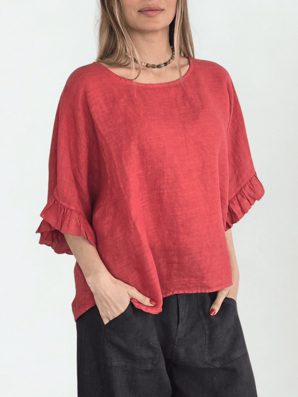 Blusa Italiana 100% Lino con Vuelos, color Tomate