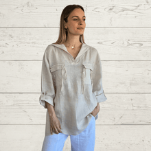 Cargar imagen en el visor de la galería, Blusa de lino Italiano Tiritas, color Beige
