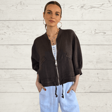 Cargar imagen en el visor de la galería, Chaqueta Bomber 100% Lino Italiano, color Chocolate
