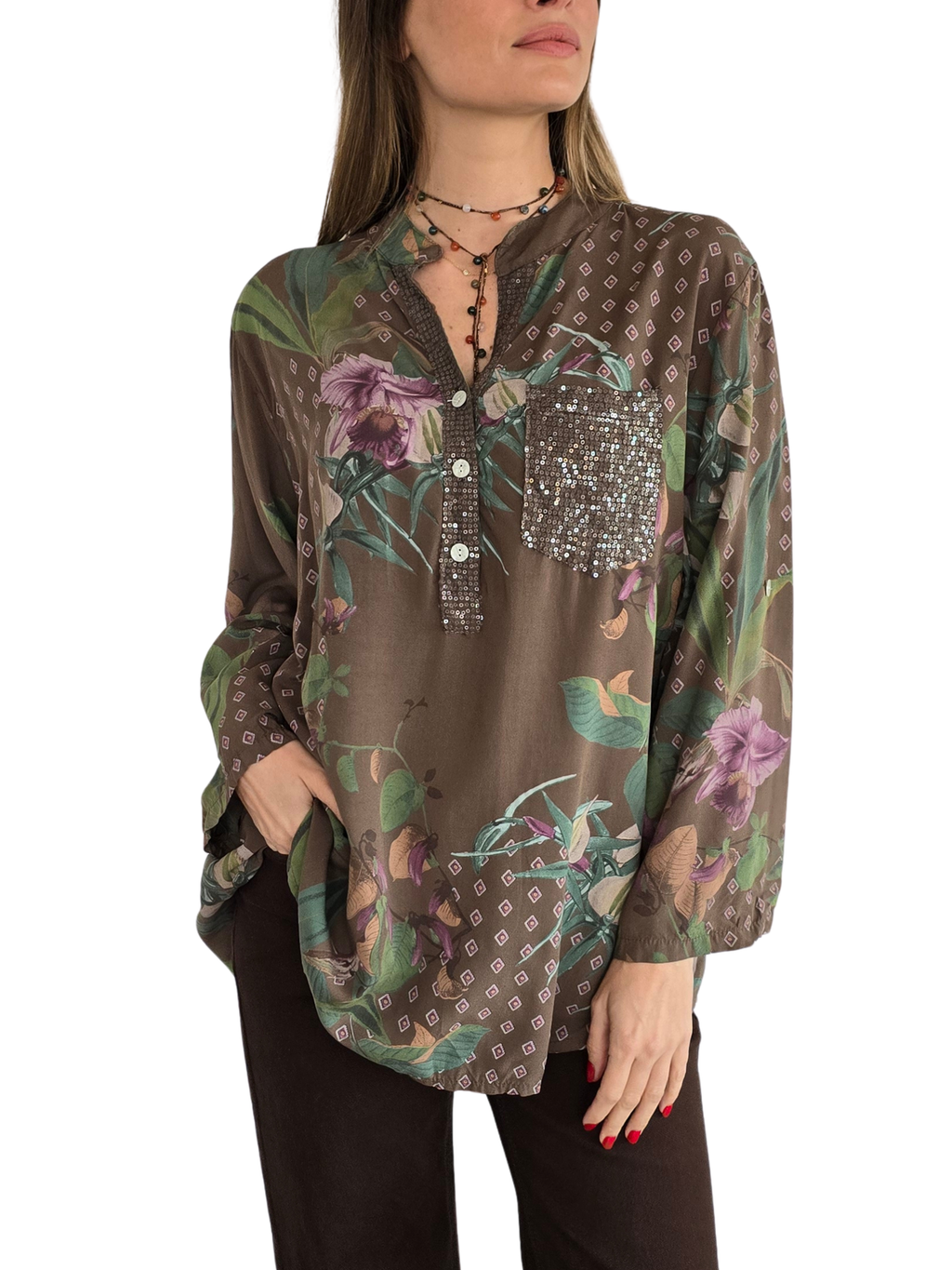 Blusa Italiana Estampada, fondo Chocolate
