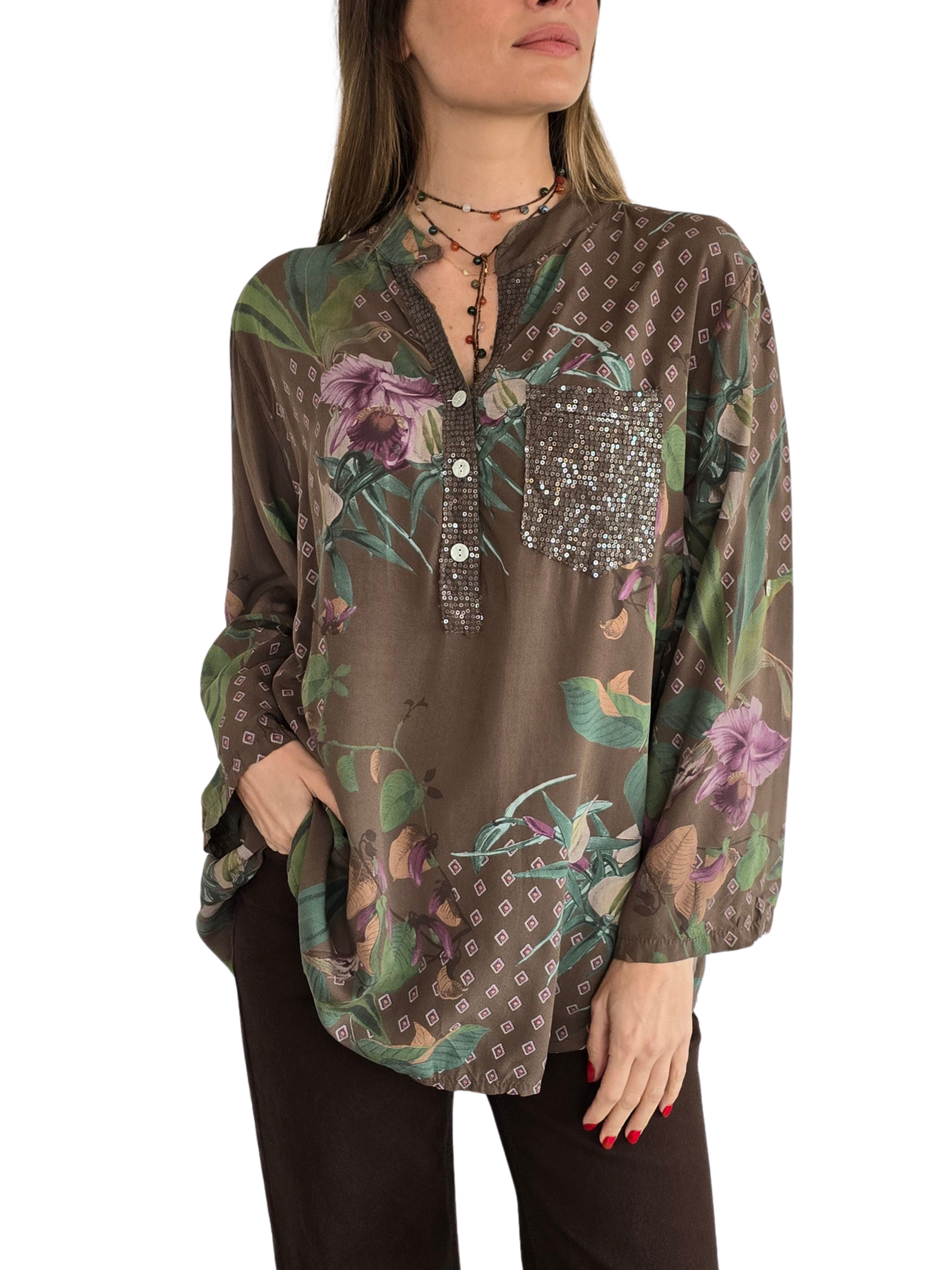 Blusa Italiana Estampada, fondo Chocolate
