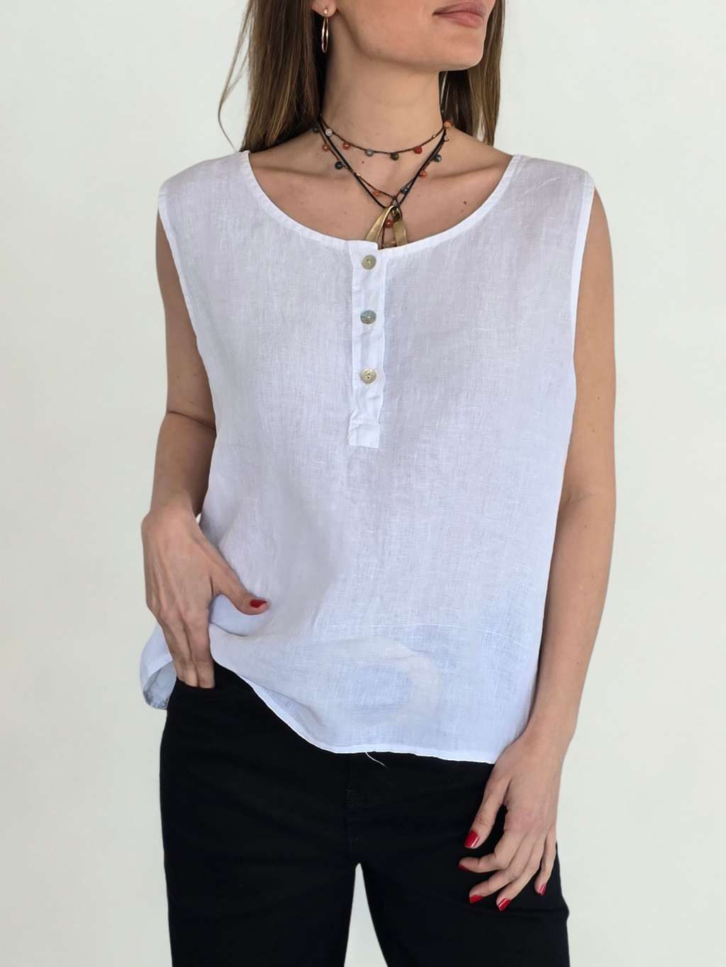 Blusa Italiana 100% Lino, sin mangas, color Blanco