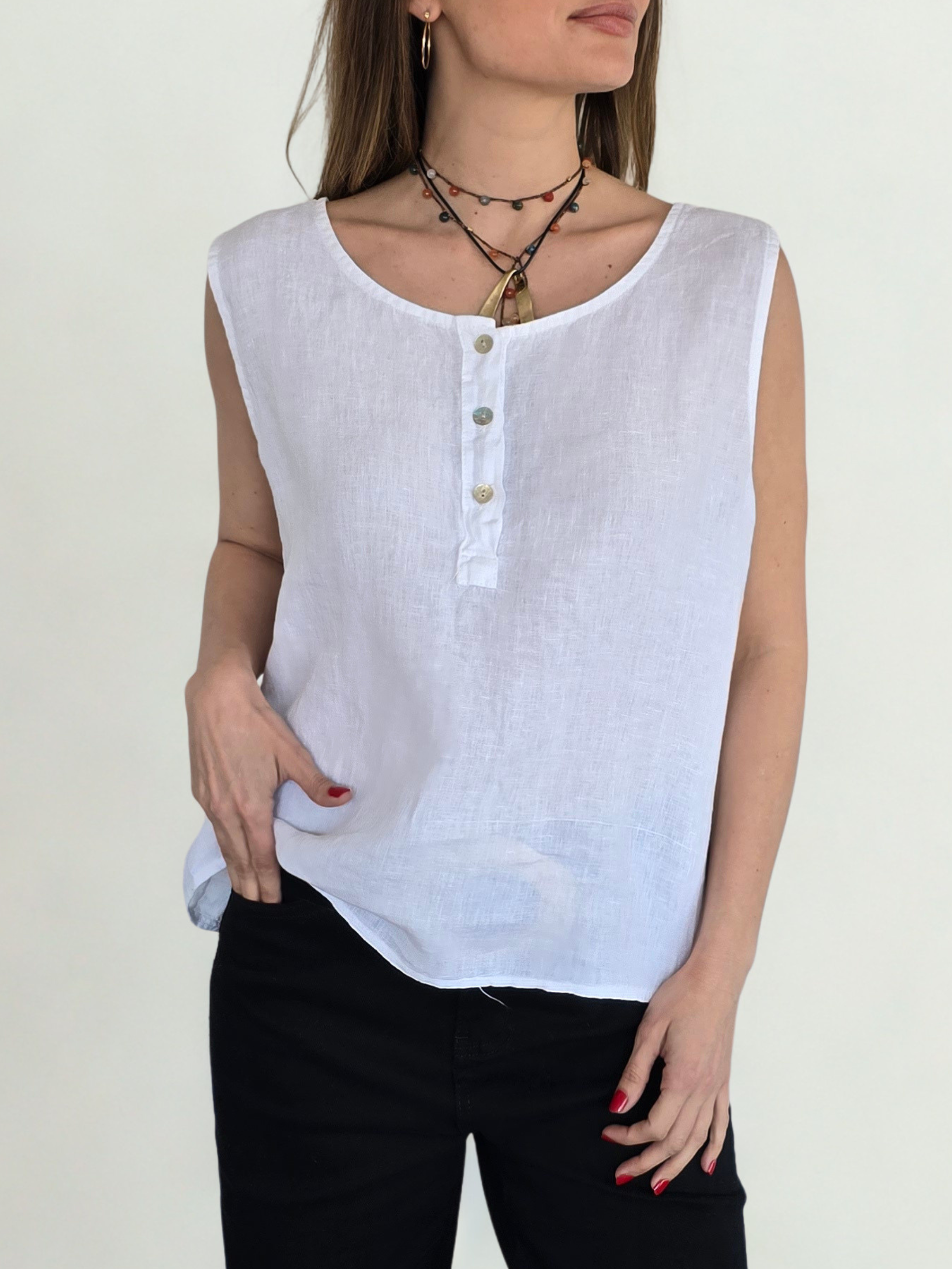 Blusa Italiana 100% Lino, sin mangas, color Blanco