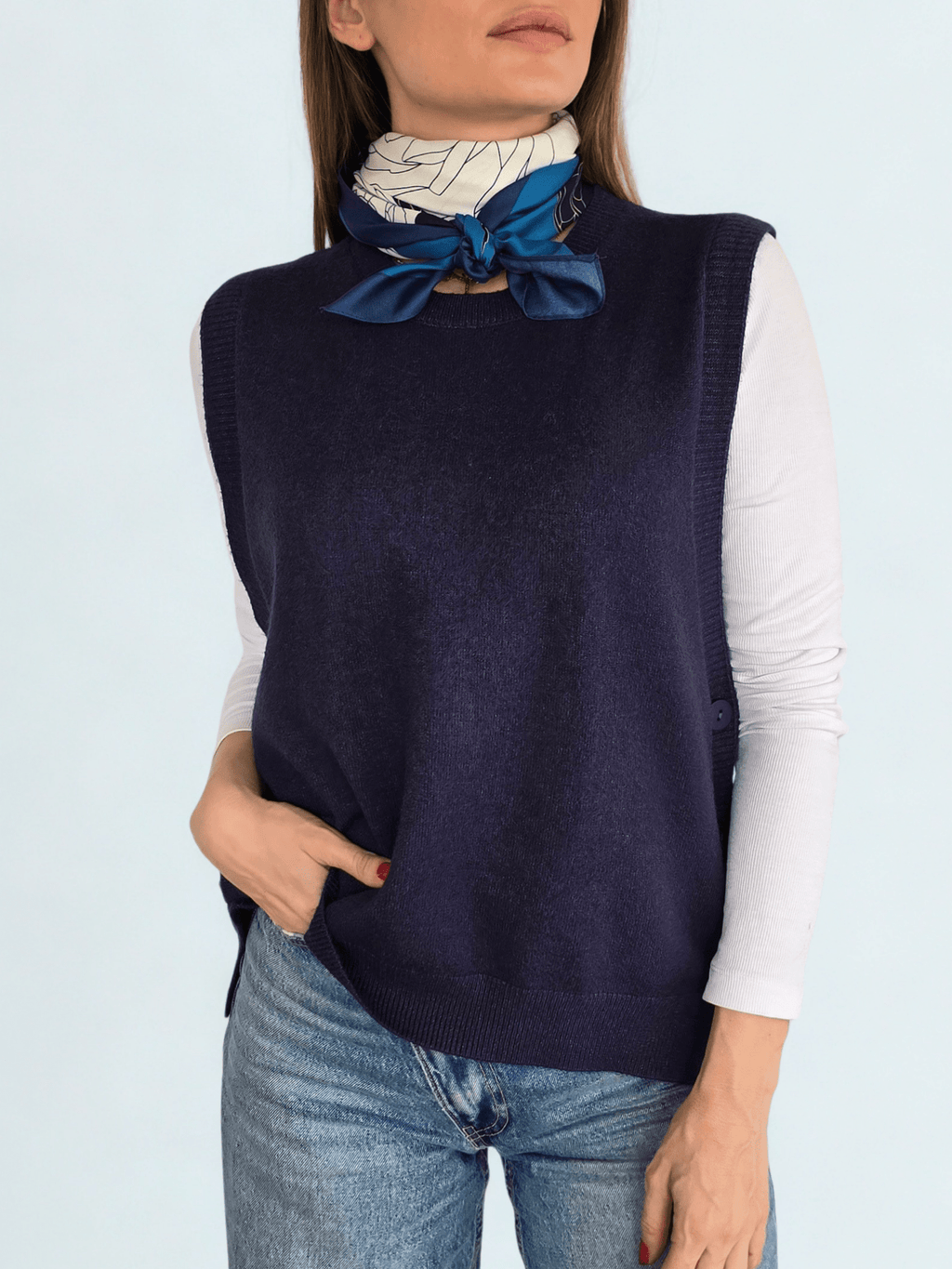 Sweater sin mangas Botones, color Azul Marino