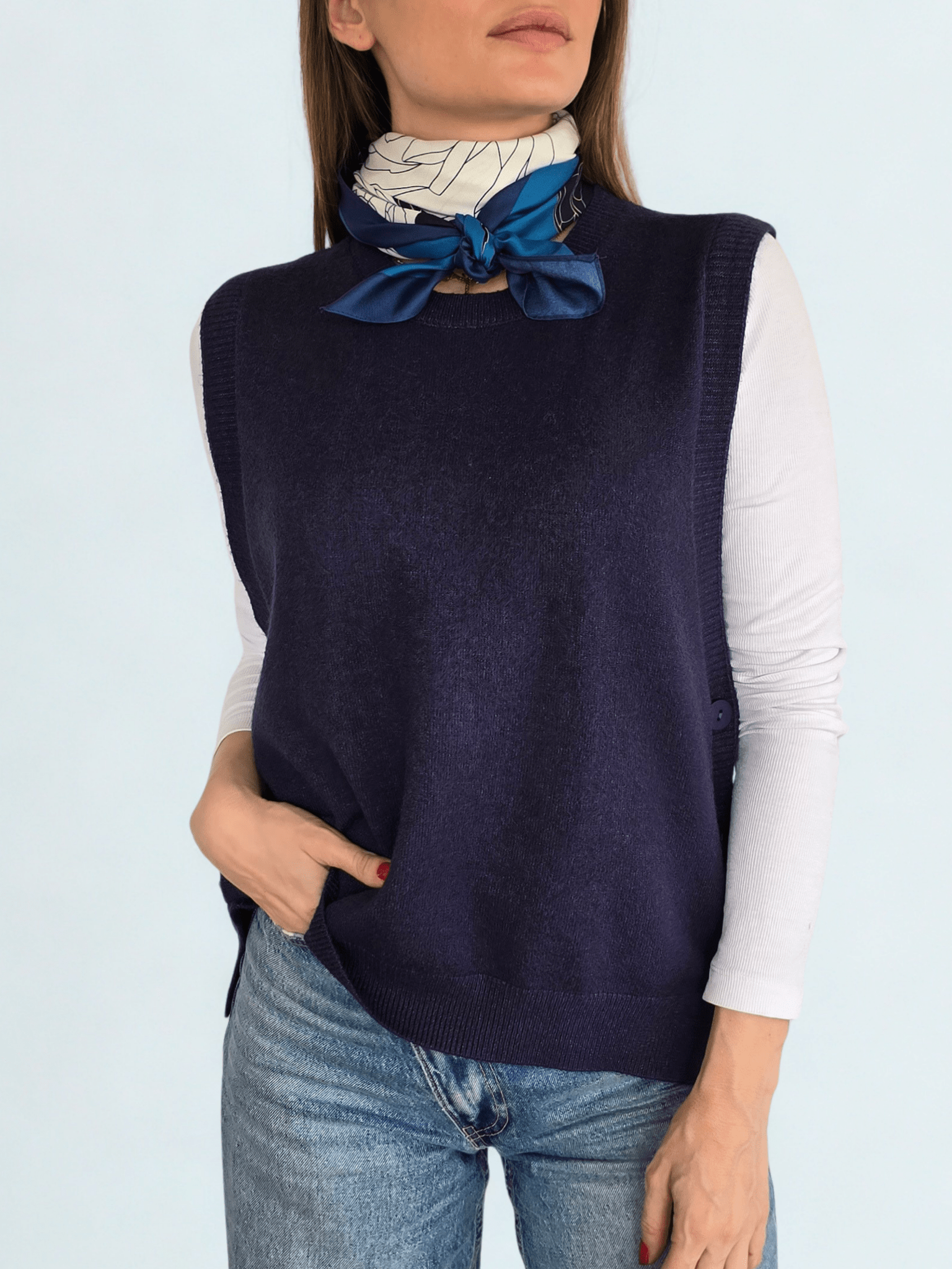Sweater sin mangas Botones, color Azul Marino