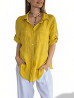 Blusa Italiana 100% Lino dos Bolsillos, color Amarillo Oro