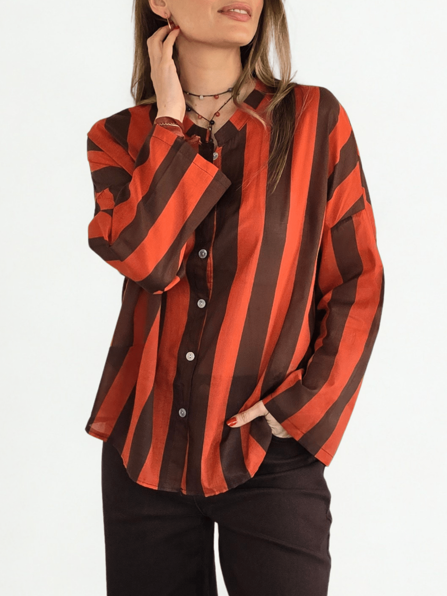 Blusa Italiana Rayada, color Chocolate con Terracota