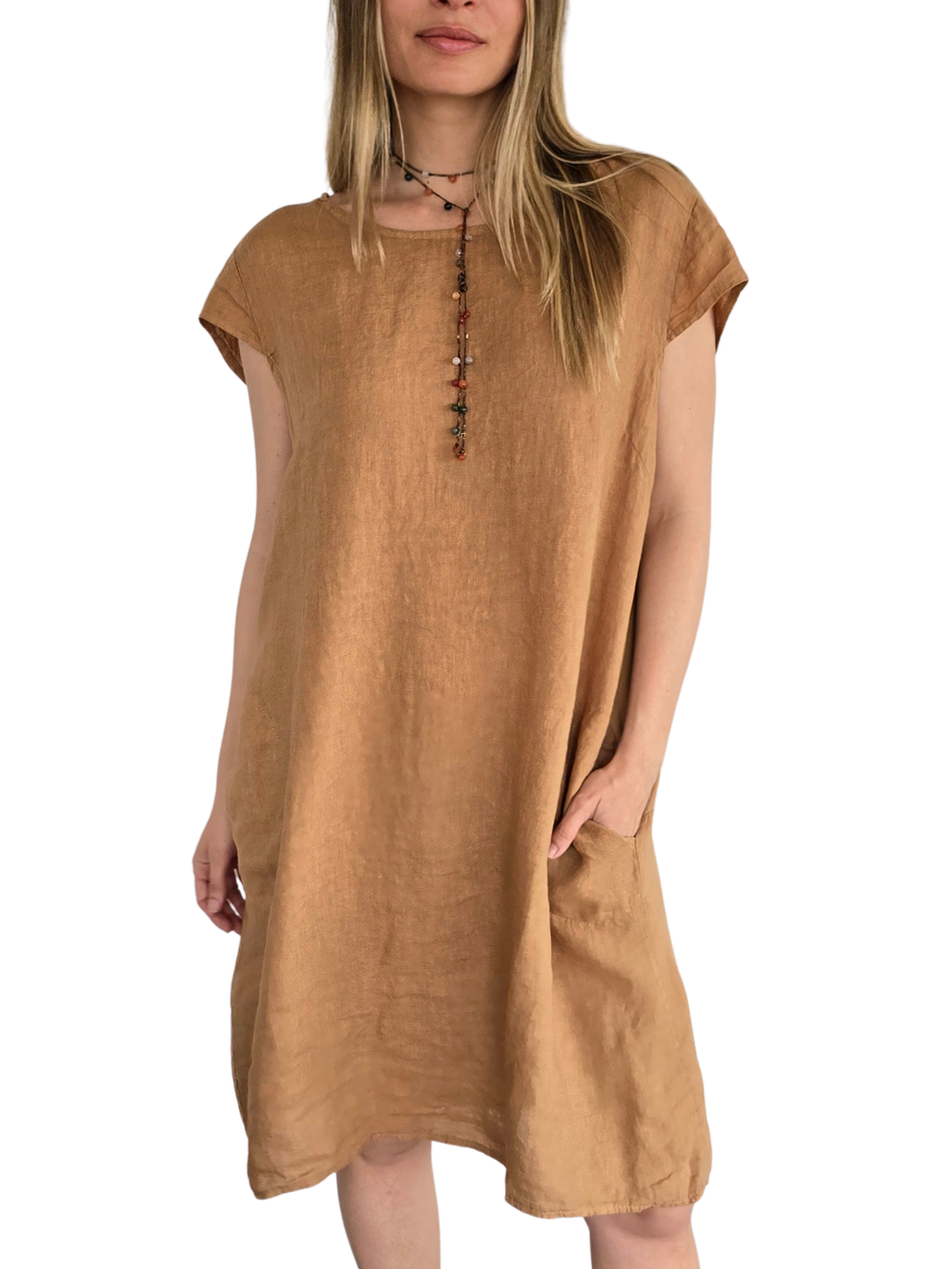 Vestido Italiano 100% Lino, color Camel