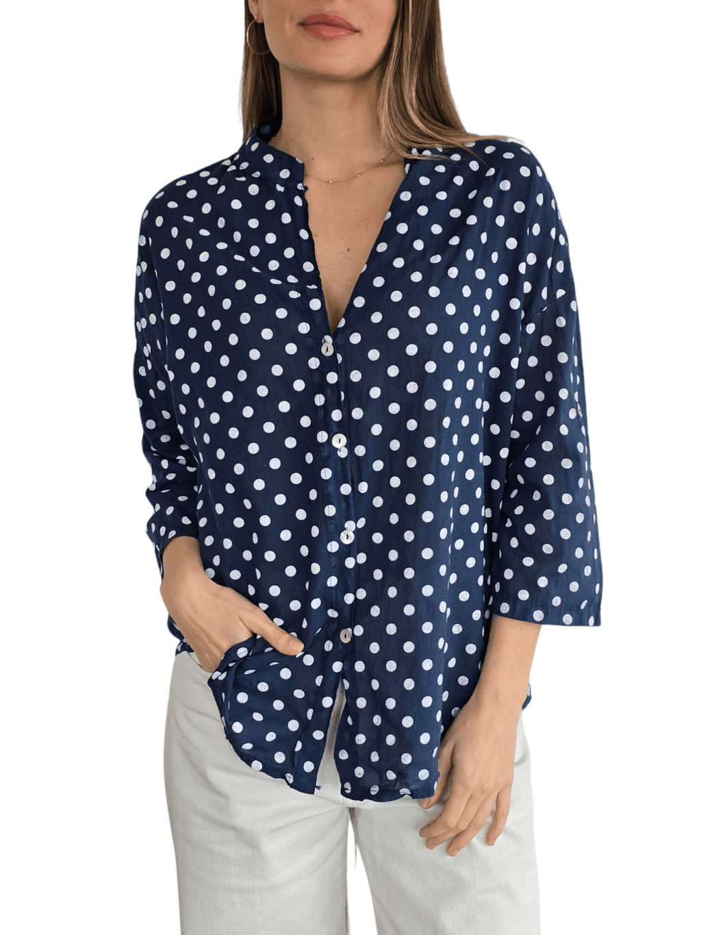 Blusa Italiana Lunares, fondo Azul con Blanco