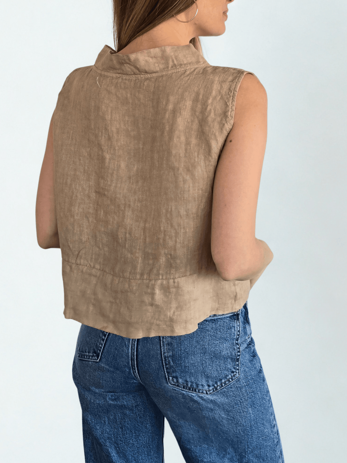 Blusa Italiana 100% Lino, corta, color Camel
