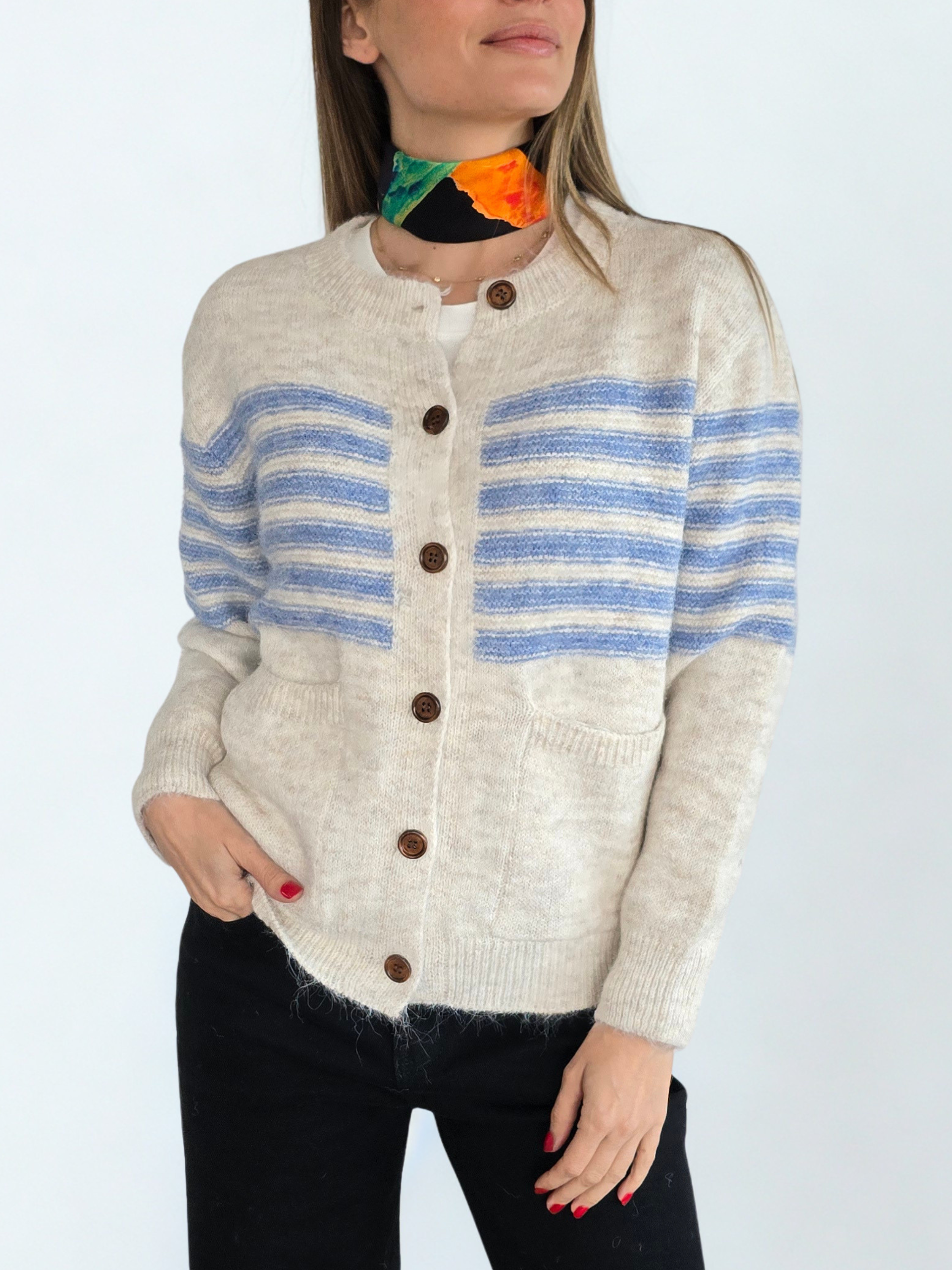 Chaleco con Rayas, color Beige con Celeste