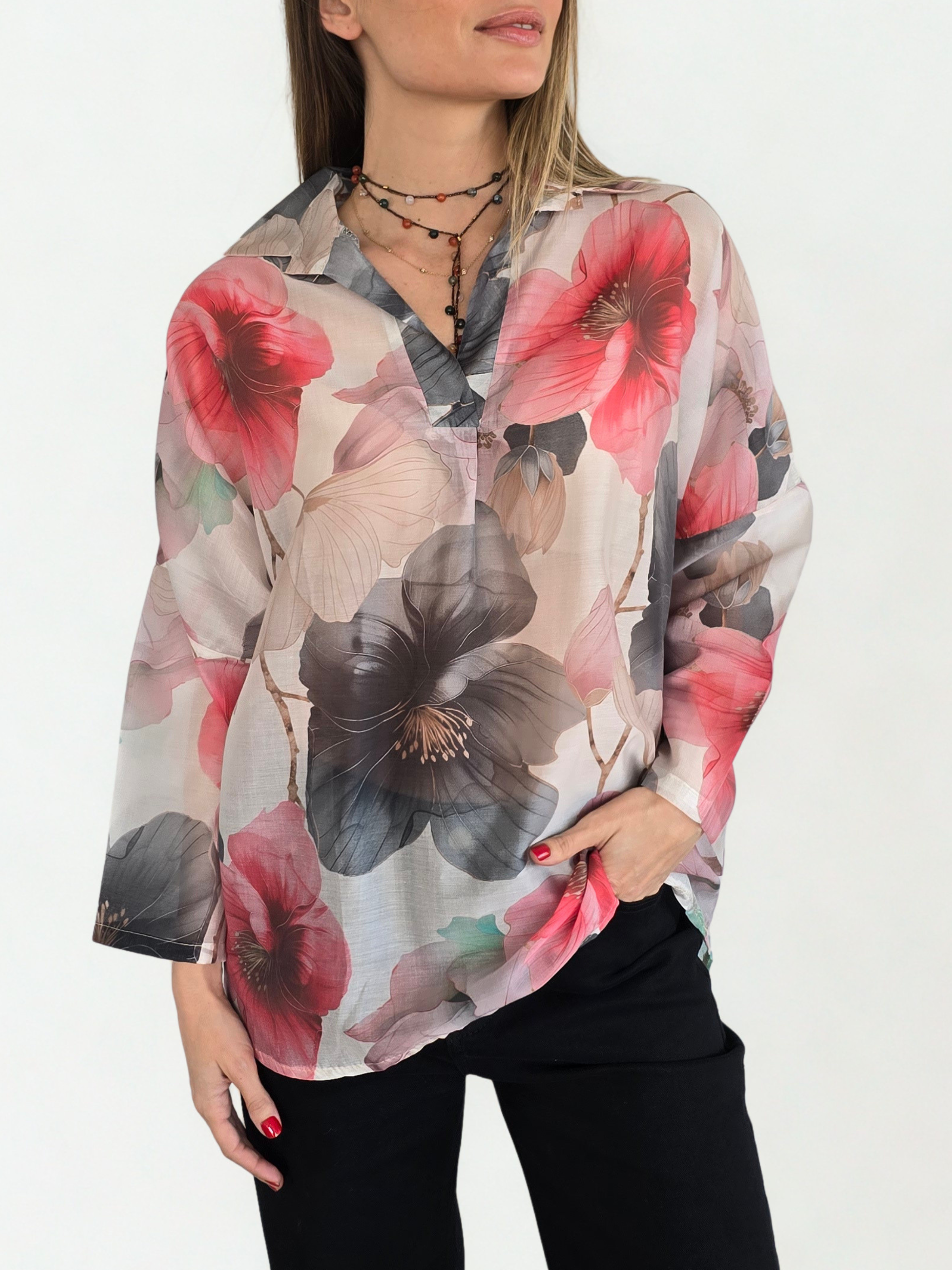 Blusa Italiana Estampada, colores Gris con Rojo