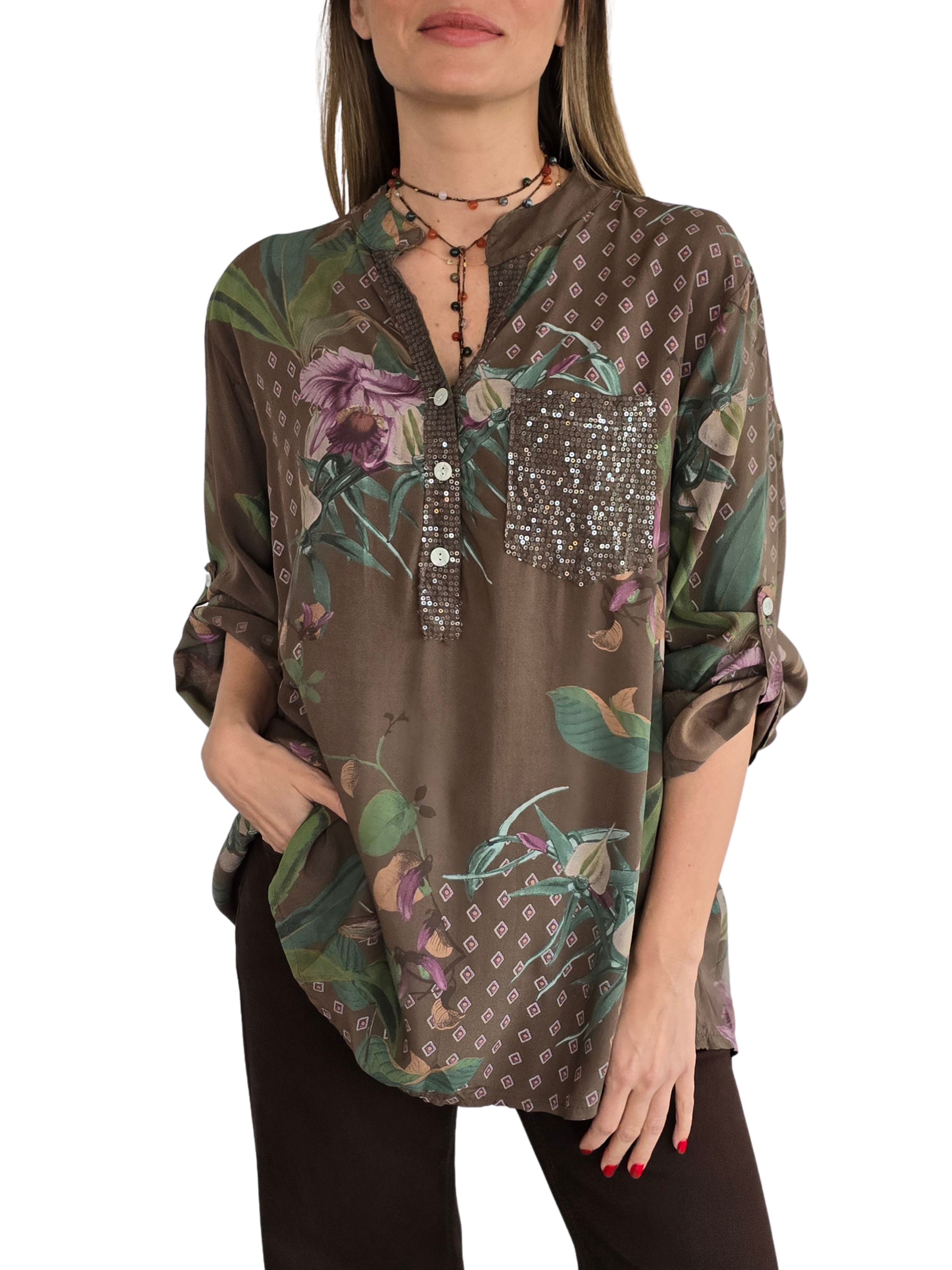 Blusa Italiana Estampada, fondo Chocolate