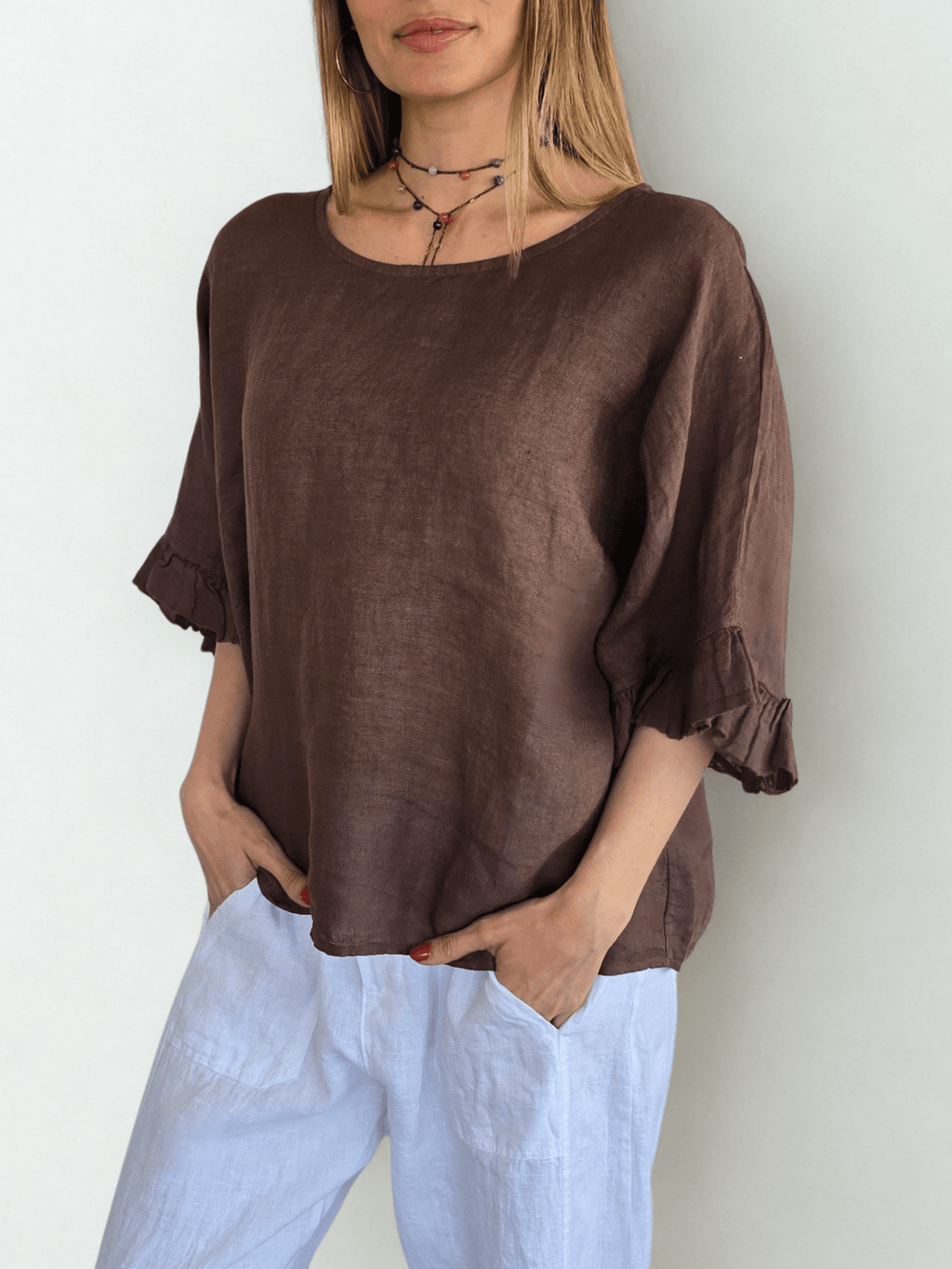 Blusa Italiana 100% Lino con Vuelos, color Chocolate