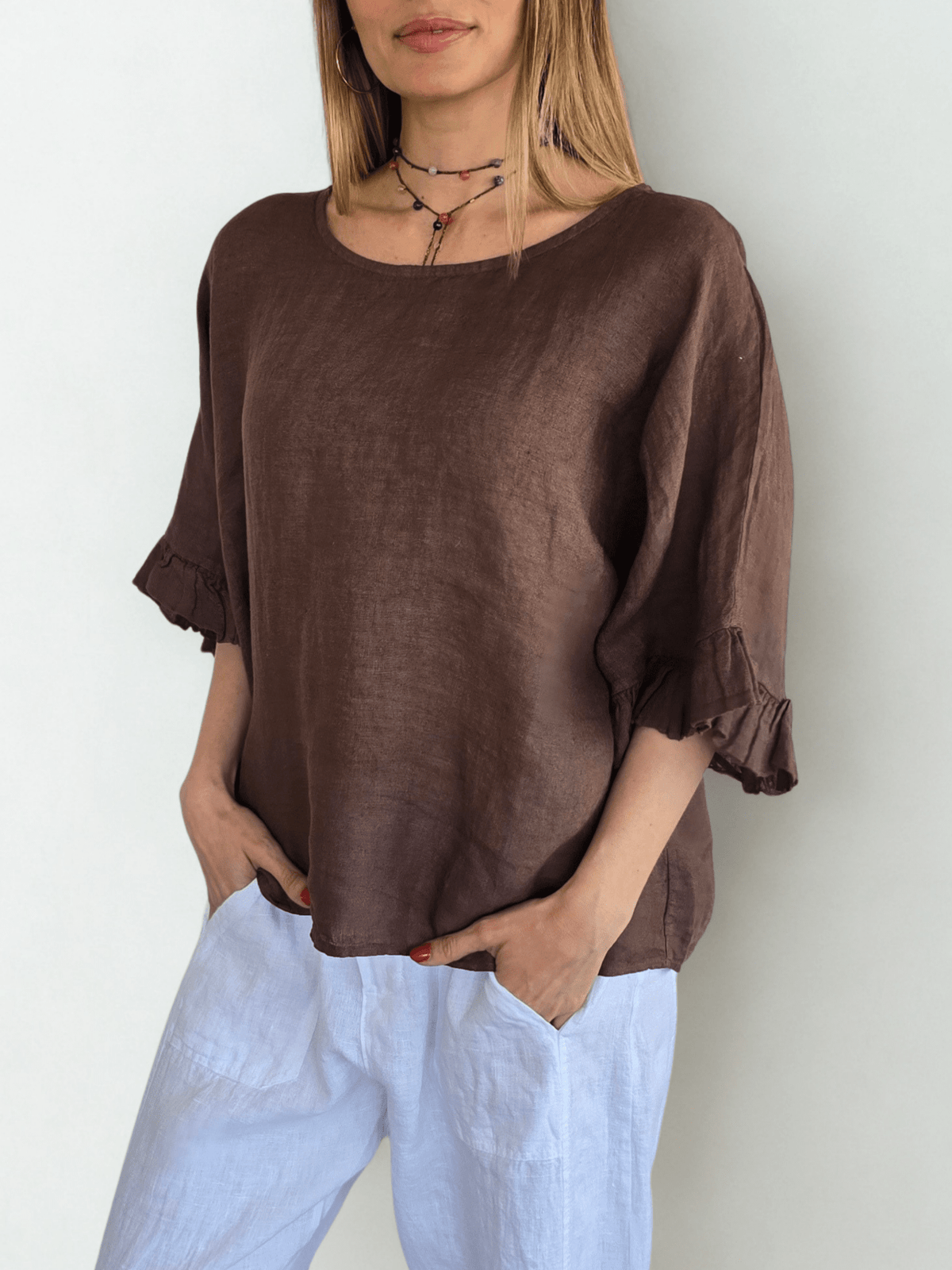 Blusa Italiana 100% Lino con Vuelos, color Chocolate